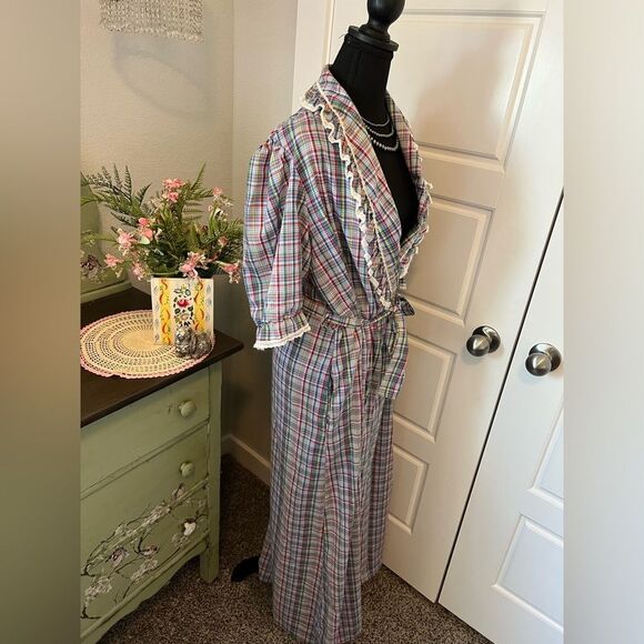 Robert Hunter Vintage 70s Rainbow Plaid Ruffle Puff Sleeve Full Length Robe O/S - Picture 10 of 12